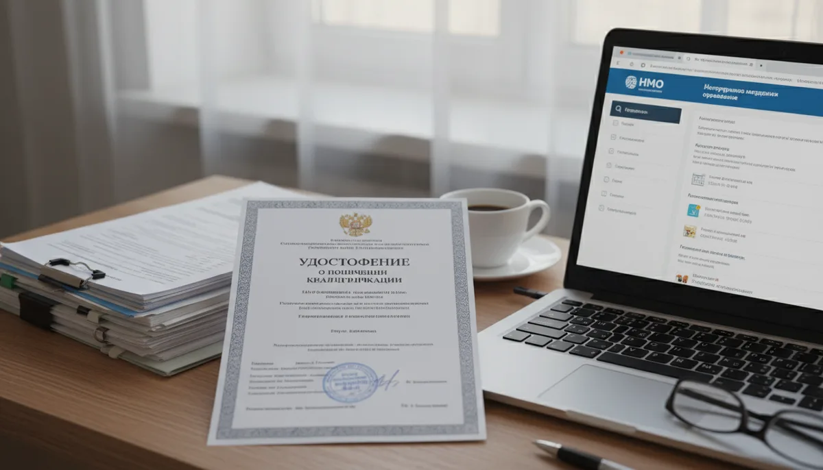 медицинские документы, удостоверение о повышении квалификации, ноутбук с порталом НМО