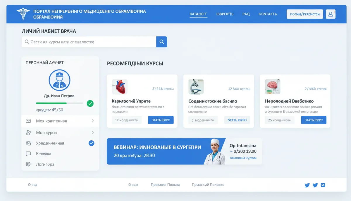 экран портала непрерывного медицинского образования с личным кабинетом врача
