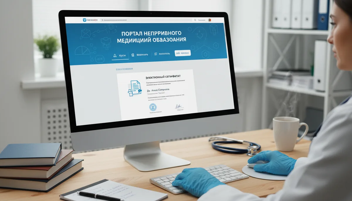 экран компьютера, портал непрерывного медицинского образования, электронный сертификат, рабочий стол врача